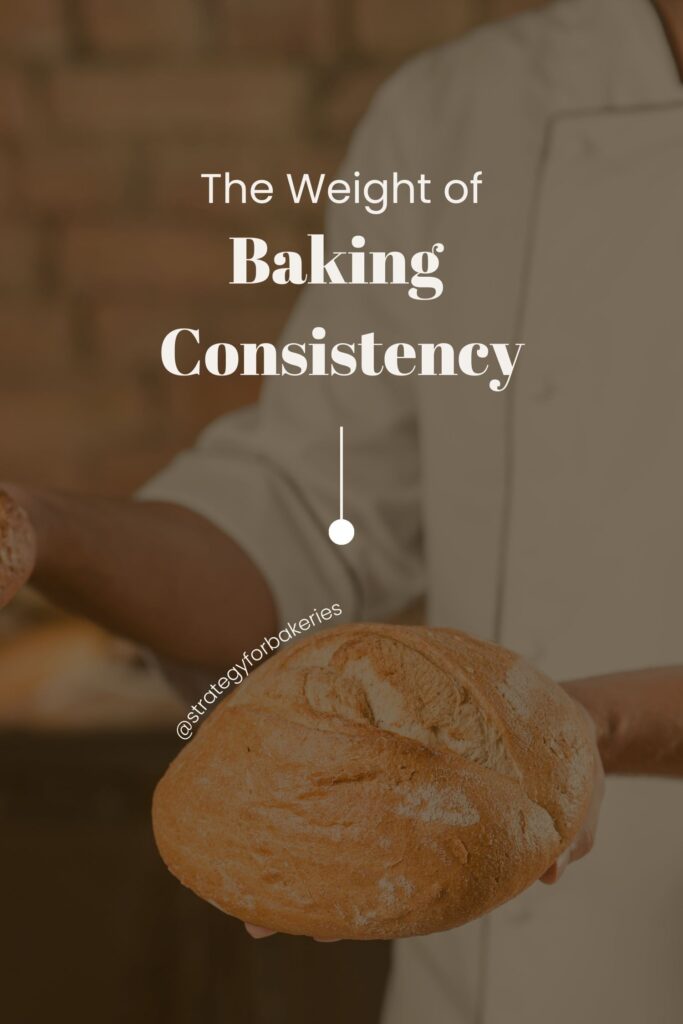 A baker in a white coat holding a round loaf of bread with text overlay that reads “The Weight of Baking Consistency.”
