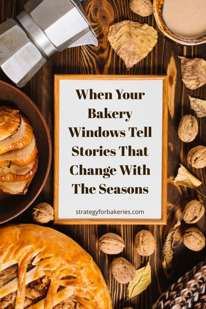 Autumn bakery flat lay with pastries, walnuts, and coffee framing text about seasonal bakery window displays.