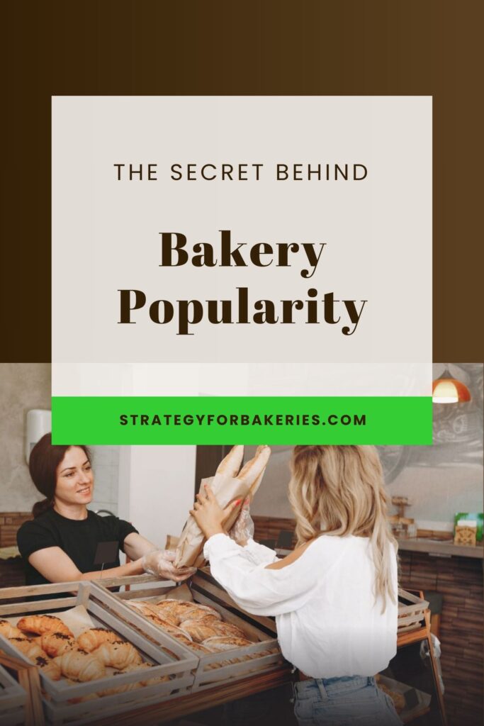 Bakery Social Proof. A bakery worker hands two baguettes wrapped in paper to a smiling customer across a counter filled with croissants and pastries, and the text: The Secret Behind Bakery Popularity.