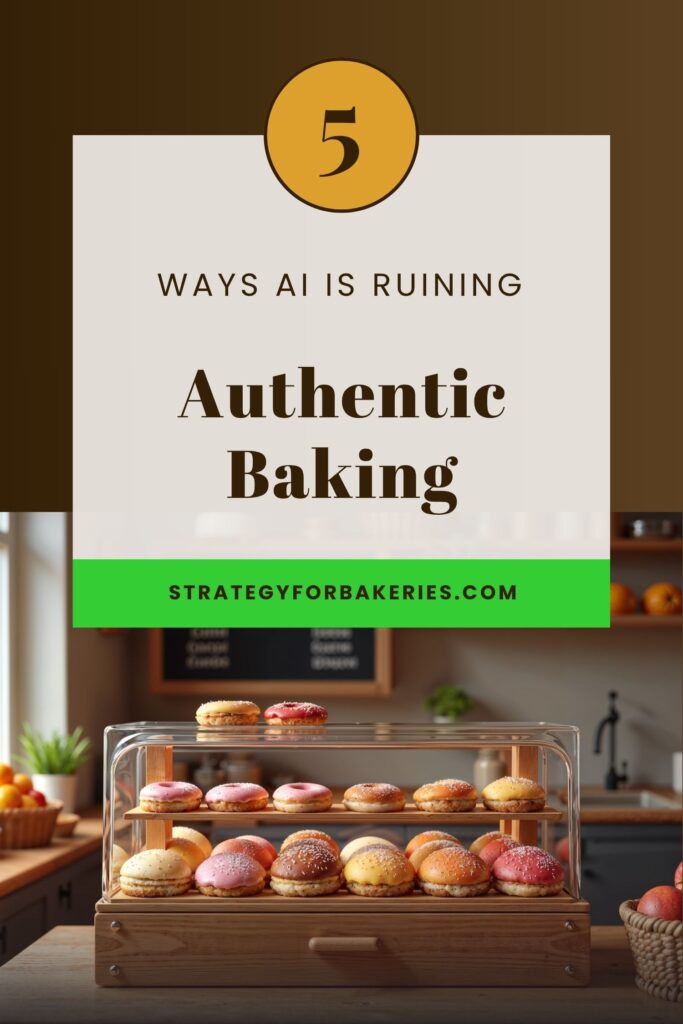 A display of colorful pastries and donuts in a wooden bakery case with a headline that reads 5 Ways AI Is Ruining Authentic Baking and a web address strategyforbakeries.com. AI images for bakeries.