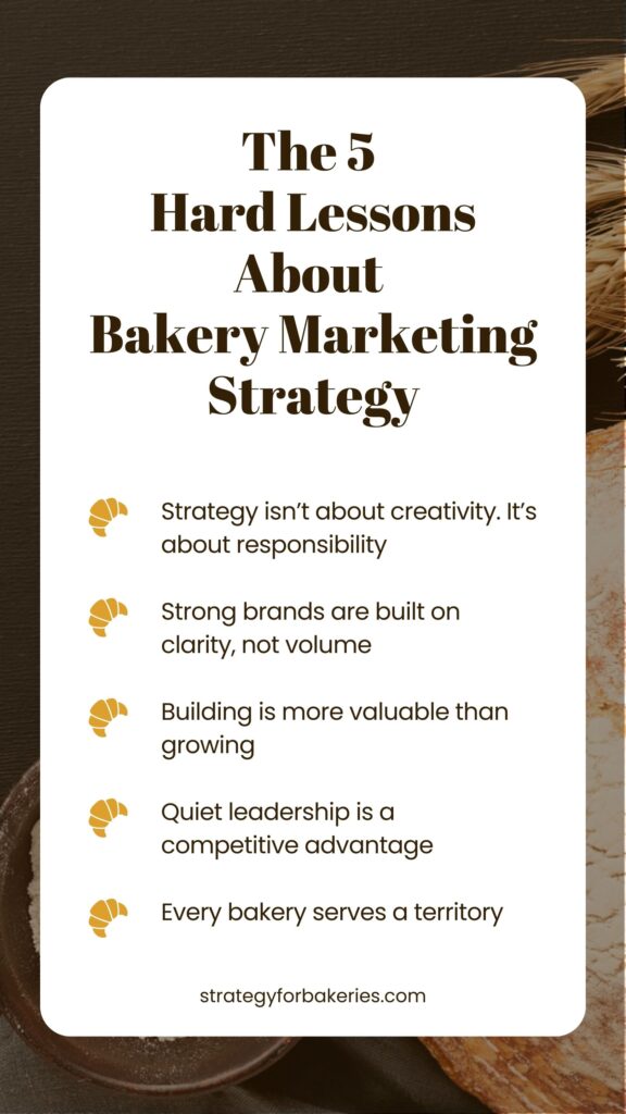 Graphic titled The 5 Hard Lessons About Bakery Marketing Strategy listing five points: strategy is about responsibility, strong brands are built on clarity not volume, building is more valuable than growing, quiet leadership is a competitive advantage, and every bakery serves a territory.