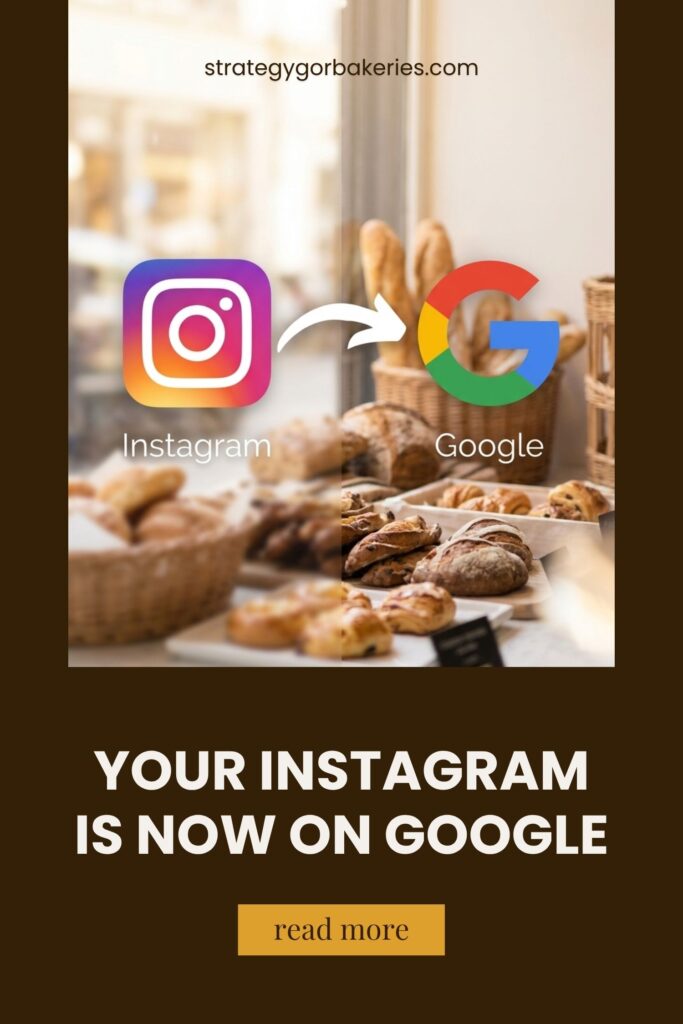 Split image showing Instagram logo on the left and Google logo on the right with an arrow pointing from Instagram to Google over a bakery background with bread and pastries.