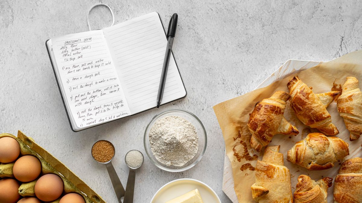 Flat lay of baking ingredients and freshly baked croissants on parchment paper. Includes eggs, brown and white sugar, flour, butter, and a handwritten croissant recipe in an open notebook with a pen.